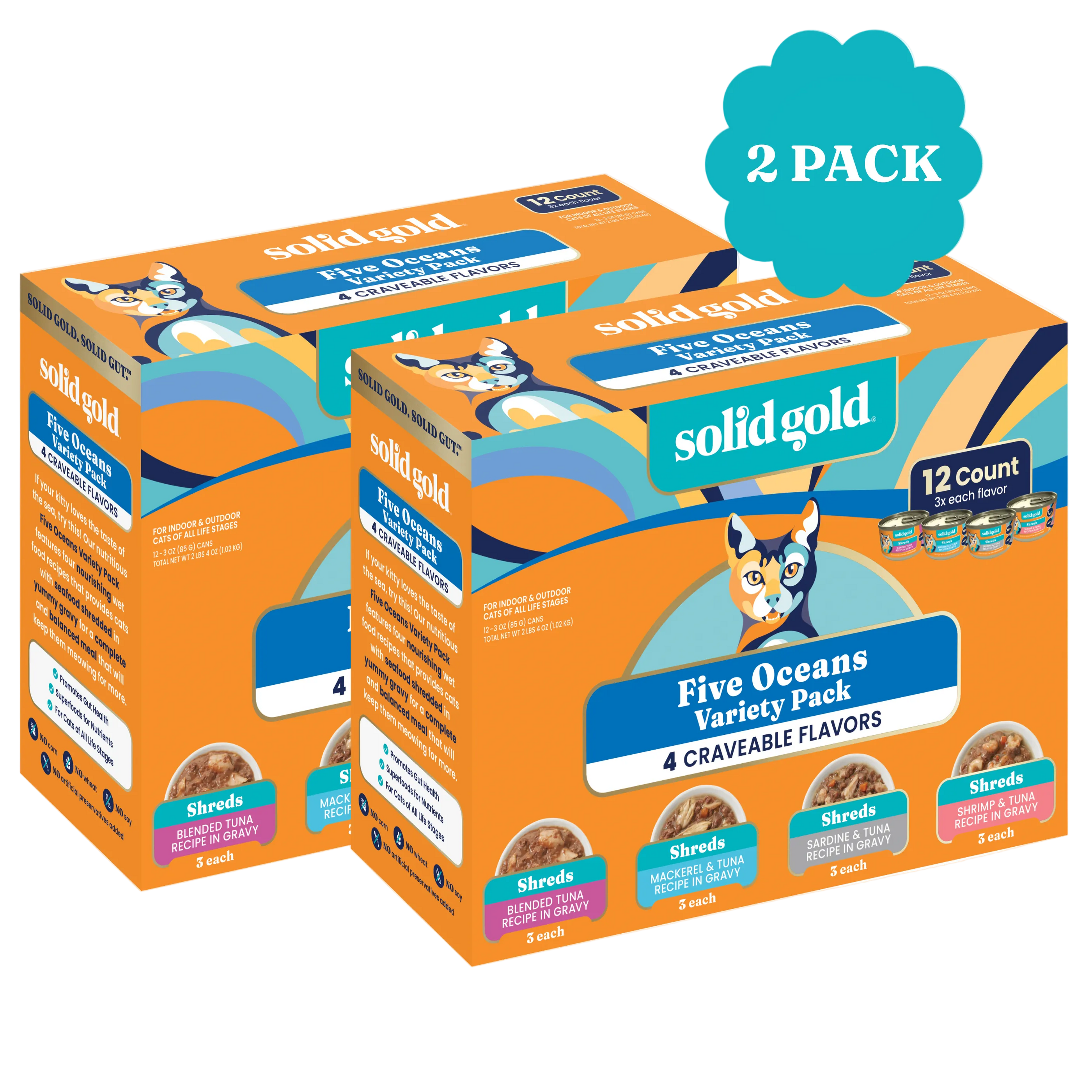 Two boxes of Five Oceans wet food variety pack for cats, containing 12 cans with four different flavors.