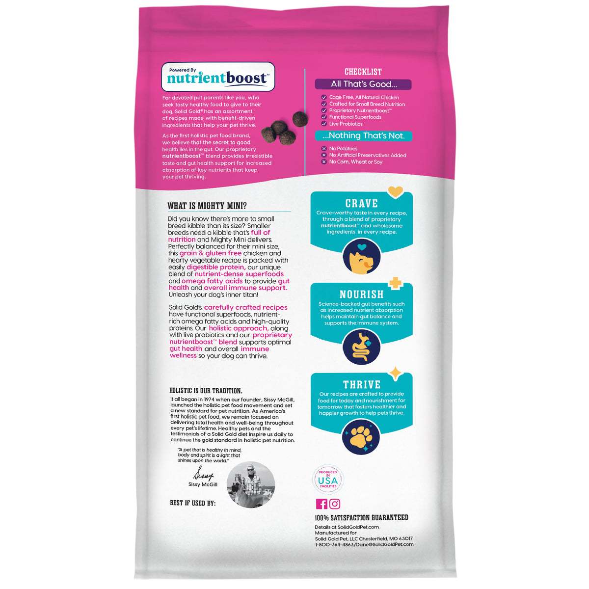 Dry dog food bag featuring nutrientboost™ branding, with details on ingredients and benefits for small dogs.