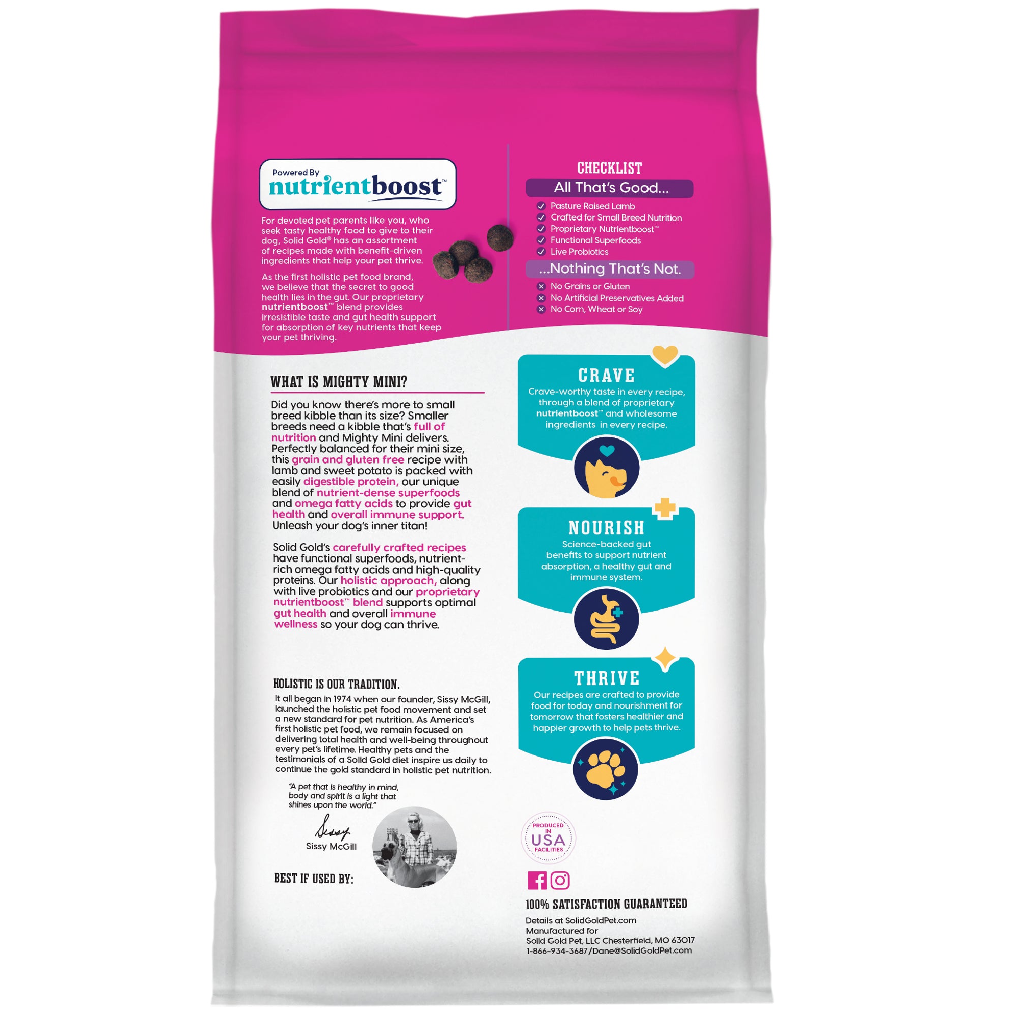 Dry dog food bag featuring nutrient information and benefits for small and toy breeds, with a pink and white design.