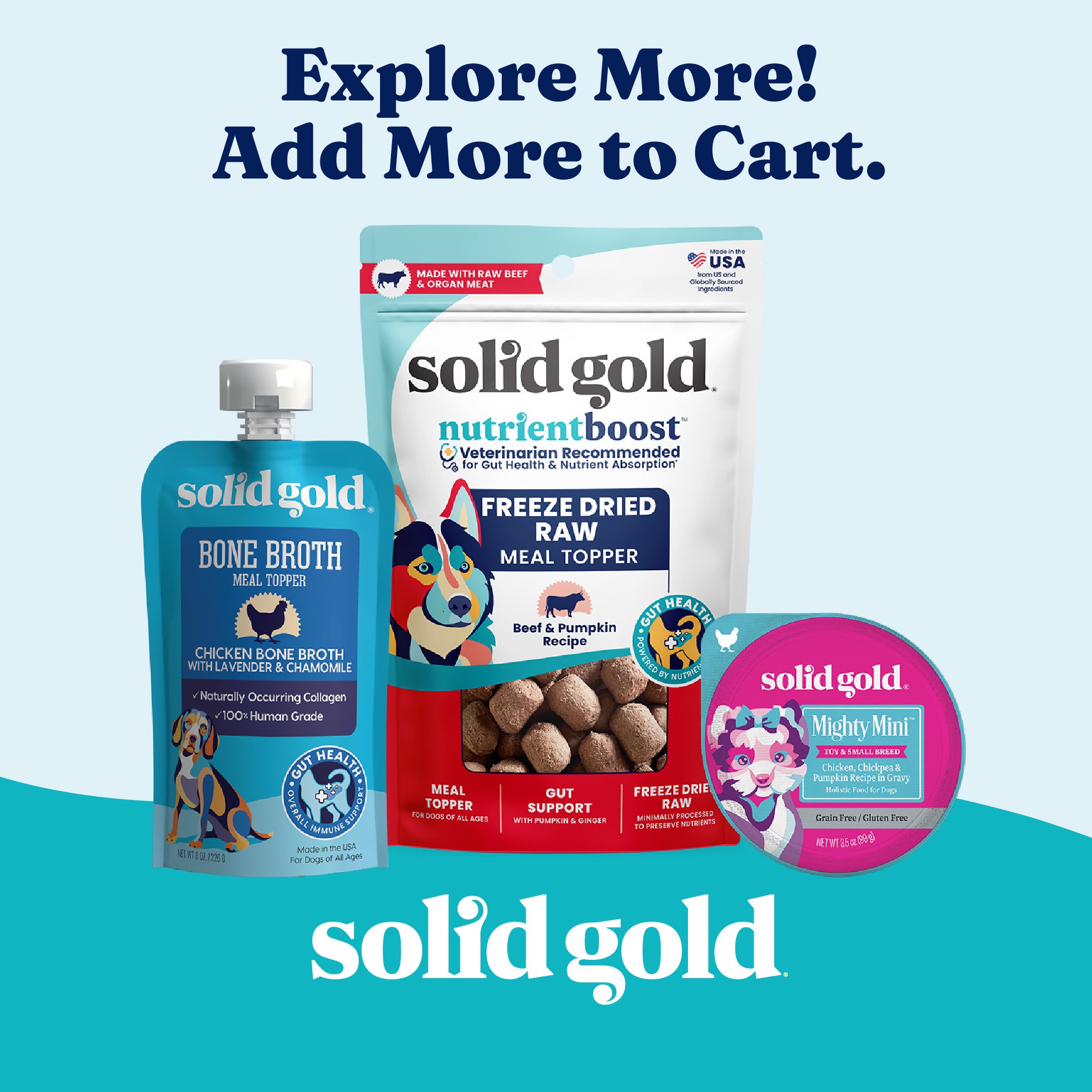 Three pet food products displayed, including a bone broth, freeze-dried raw meal topper, and Mighty Mini dry food.