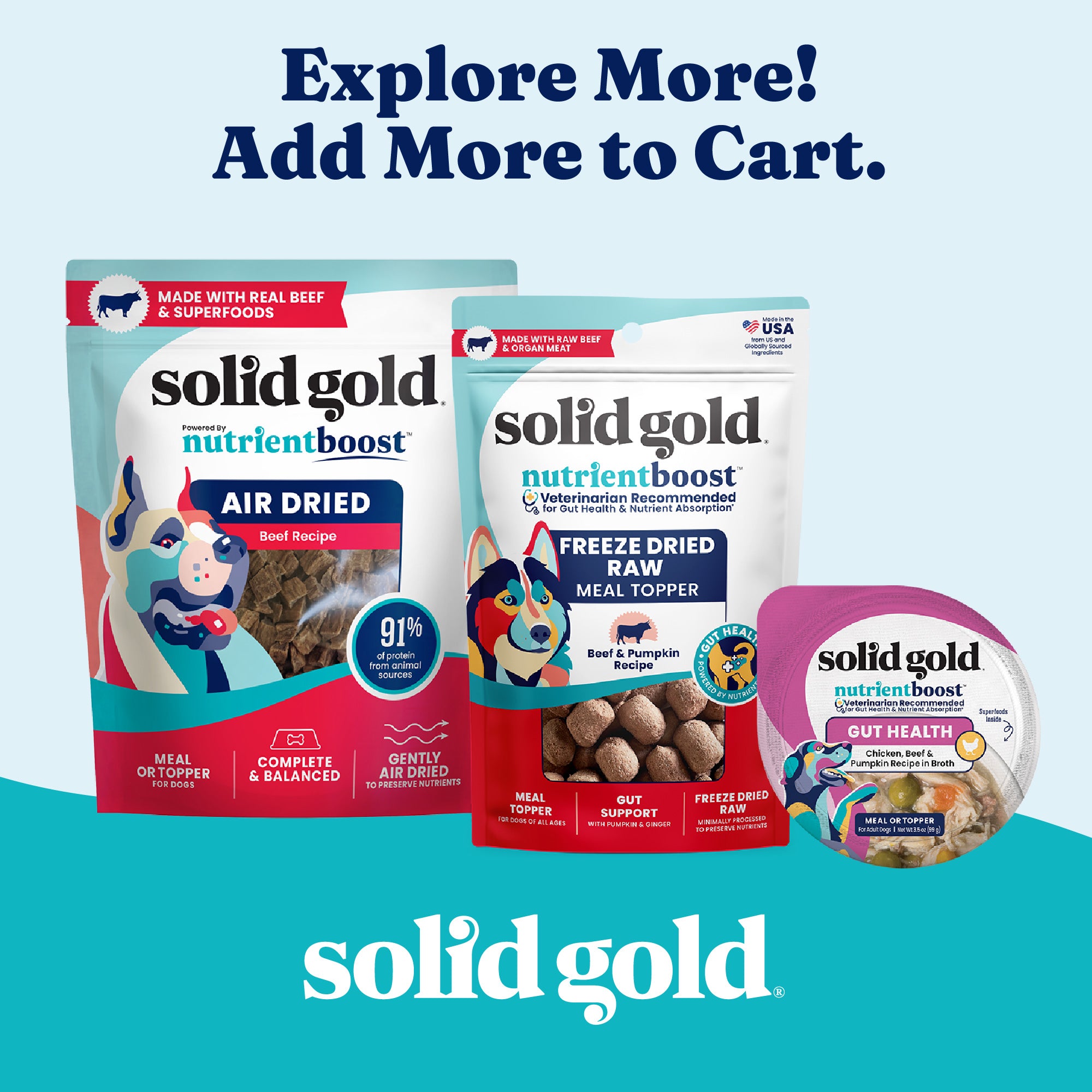 Two bags of Solid Gold dog food and a container of meal topper, featuring colorful packaging and product details.