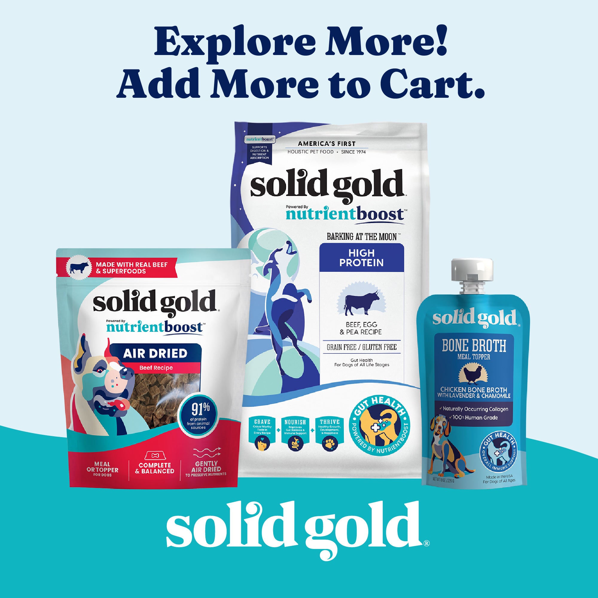 Three pet food products displayed: air-dried beef recipe, high protein beef egg and pea recipe, and chicken bone broth meal t