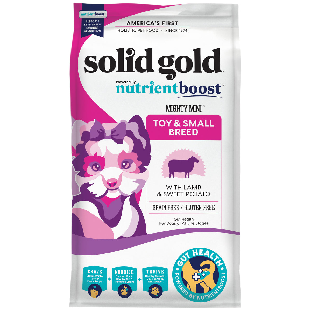 Dry dog food bag featuring a colorful design with a cartoon dog, labeled for toy and small breeds with lamb and sweet potato.