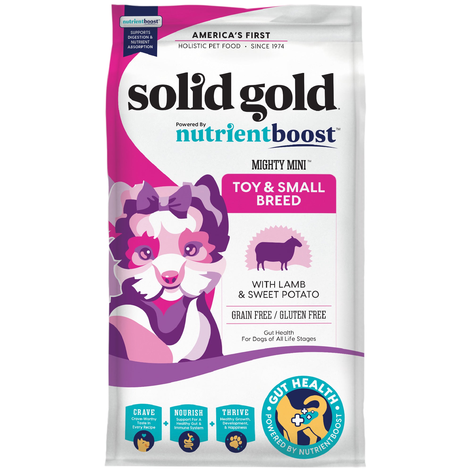 Dry dog food bag featuring a colorful design with a cartoon dog, labeled for toy and small breeds with lamb and sweet potato.