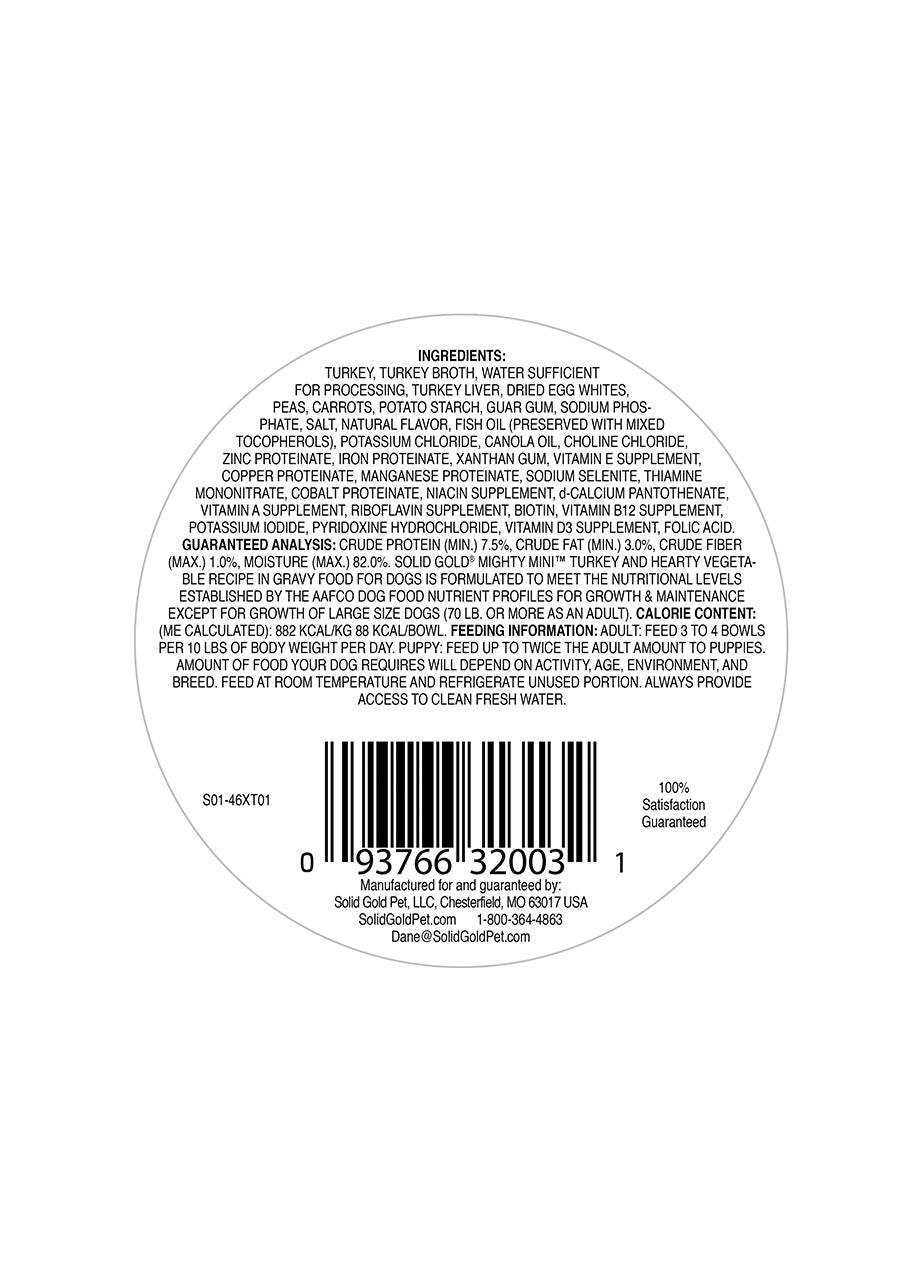 Nutritional information and ingredients list for Mighty Mini™ Turkey Wet Food for Toy & Small Dogs.