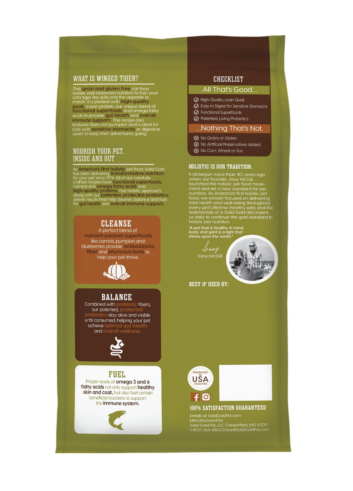 Back of a green cat food bag featuring nutritional information and benefits for sensitive stomachs.