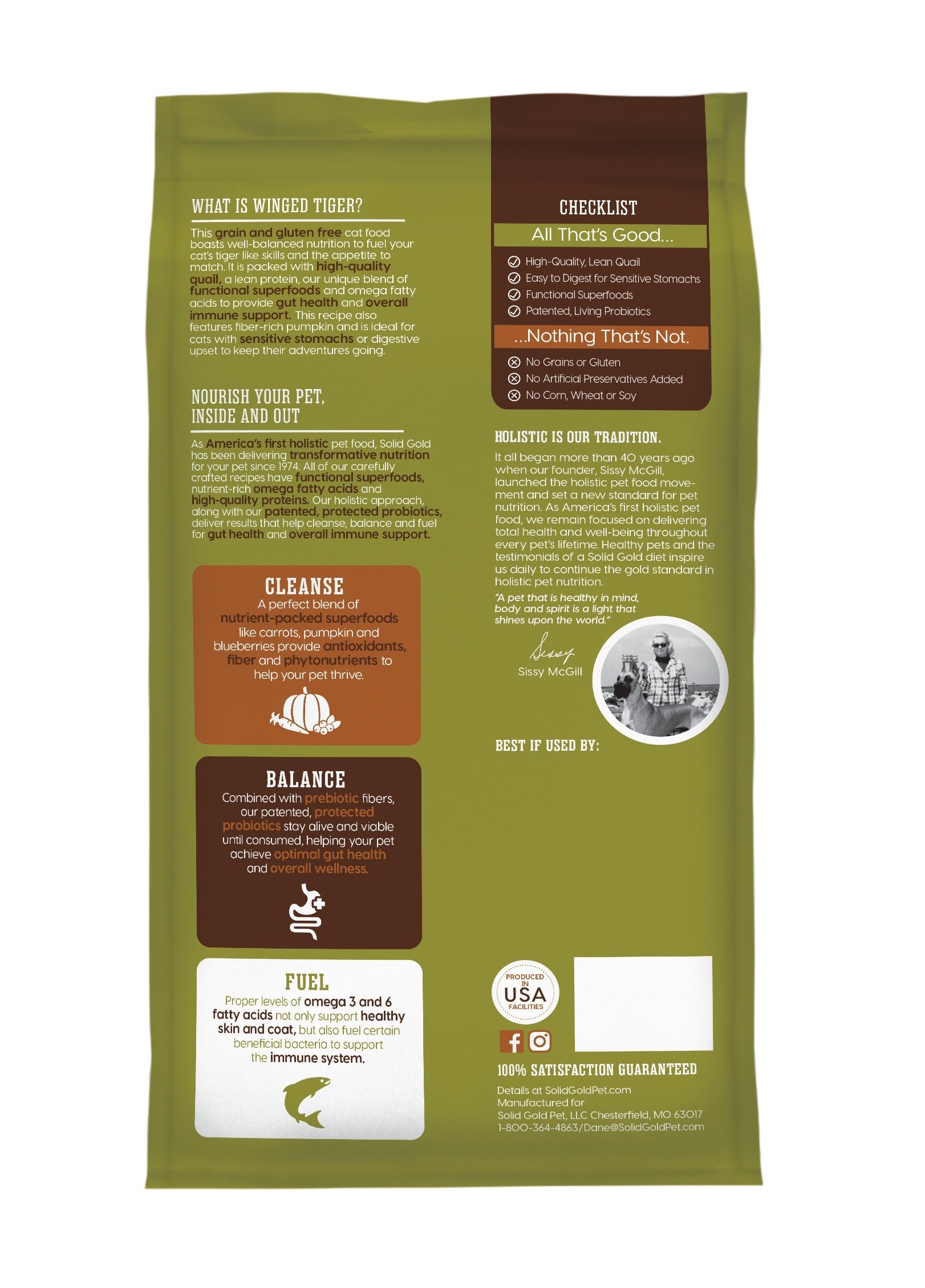 Back of a green cat food bag featuring nutritional information and benefits for sensitive stomachs.