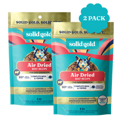 Two bags of Solid Gold Air Dried Beef Recipe for dogs, each 4 oz, labeled as complete meal and topper.