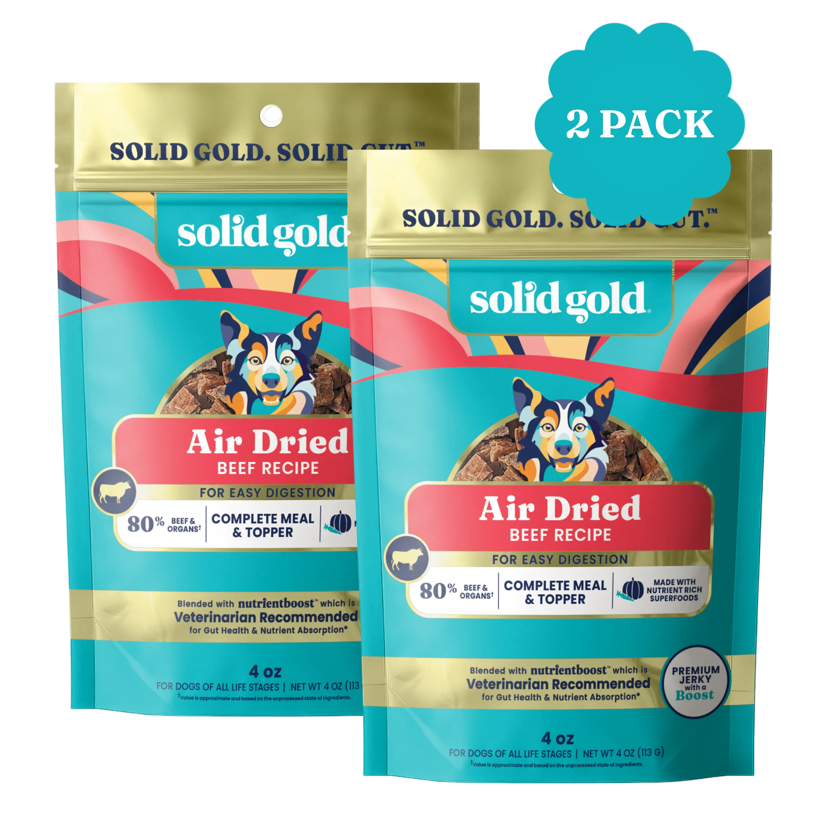 Two bags of Solid Gold Air Dried Beef Recipe for dogs, each 4 oz, labeled as complete meal and topper.