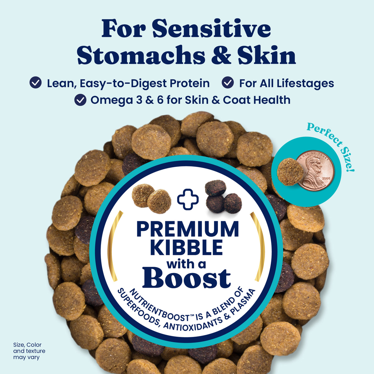 Dry dog food kibble in various shades, labeled for sensitive stomachs and skin, with a penny for size reference.