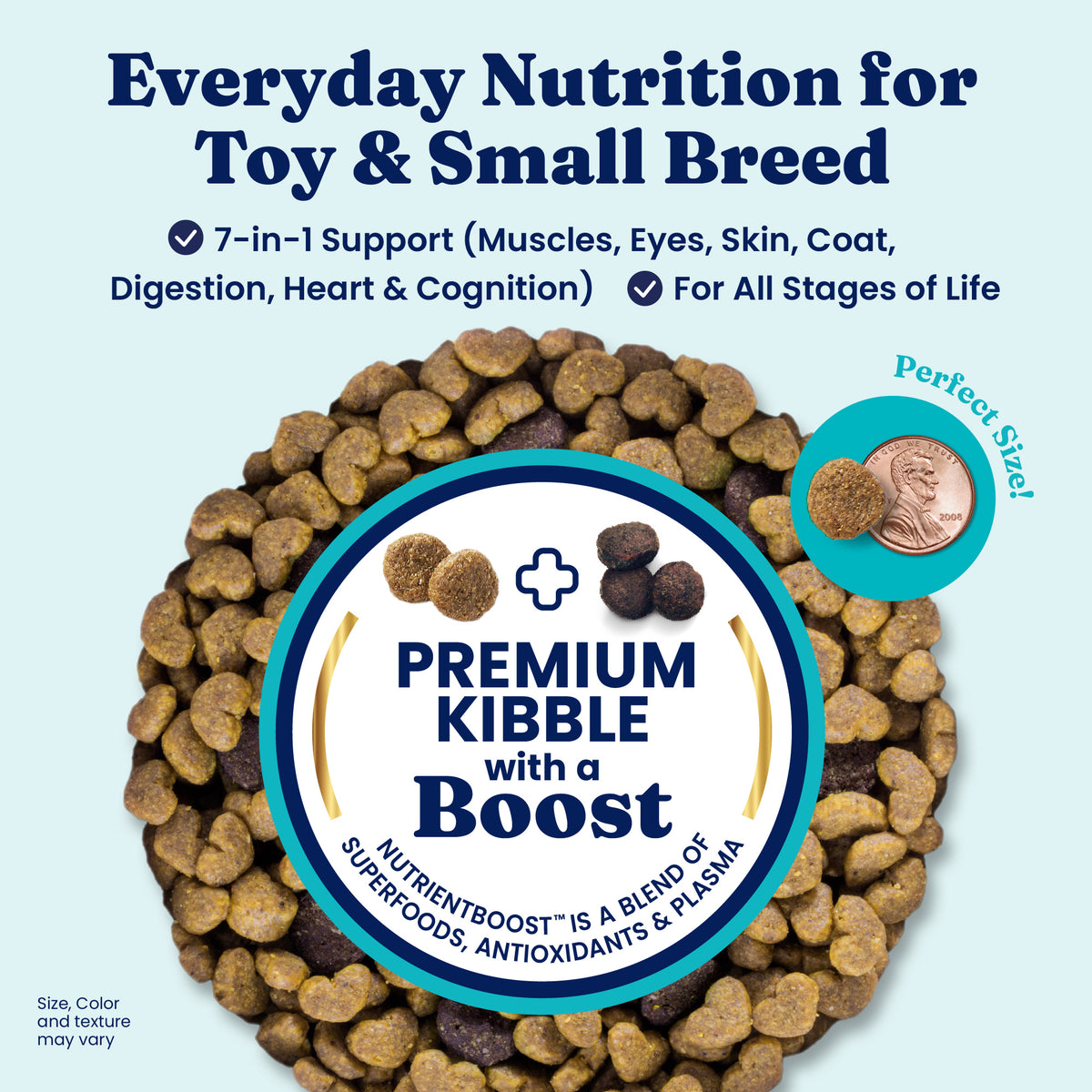 Dry dog food kibble in various shapes and colors, with a penny for size reference and text highlighting nutritional benefits.