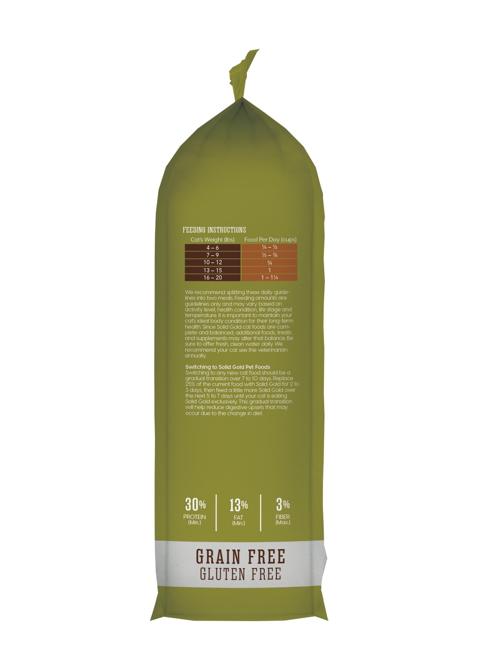 Green bag of dry cat food with feeding instructions and nutritional information, labeled grain free and gluten free.