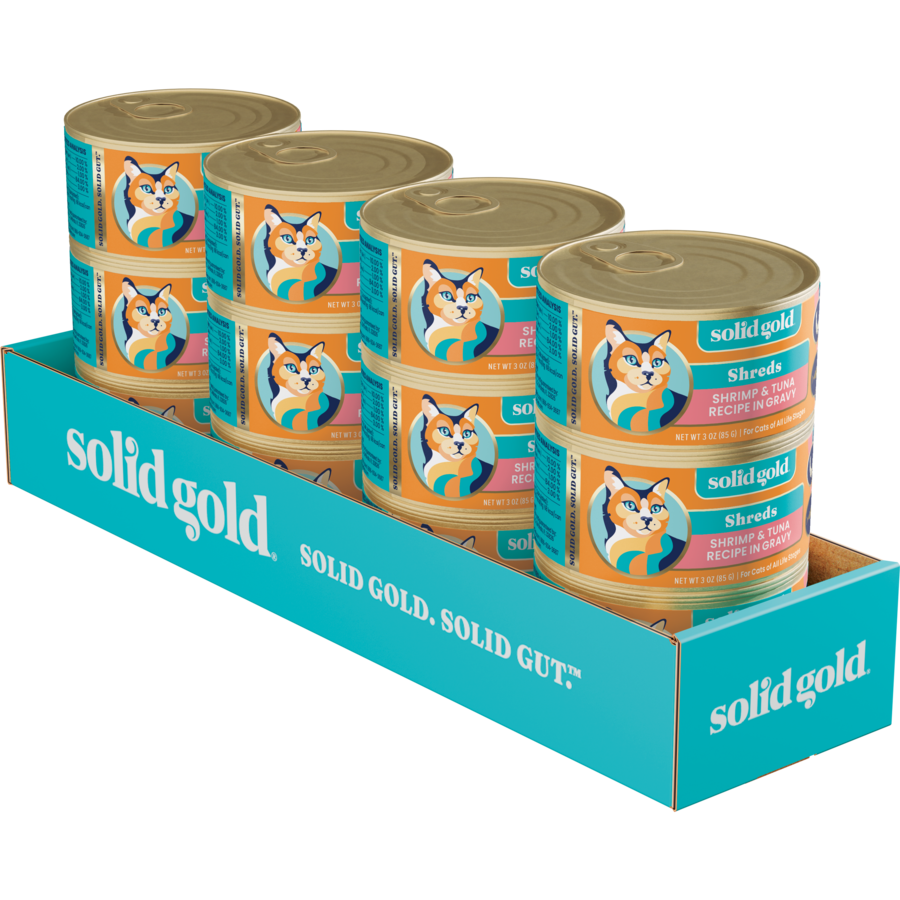 Six cans of shrimp and tuna wet food for cats, displayed in a branded cardboard tray.