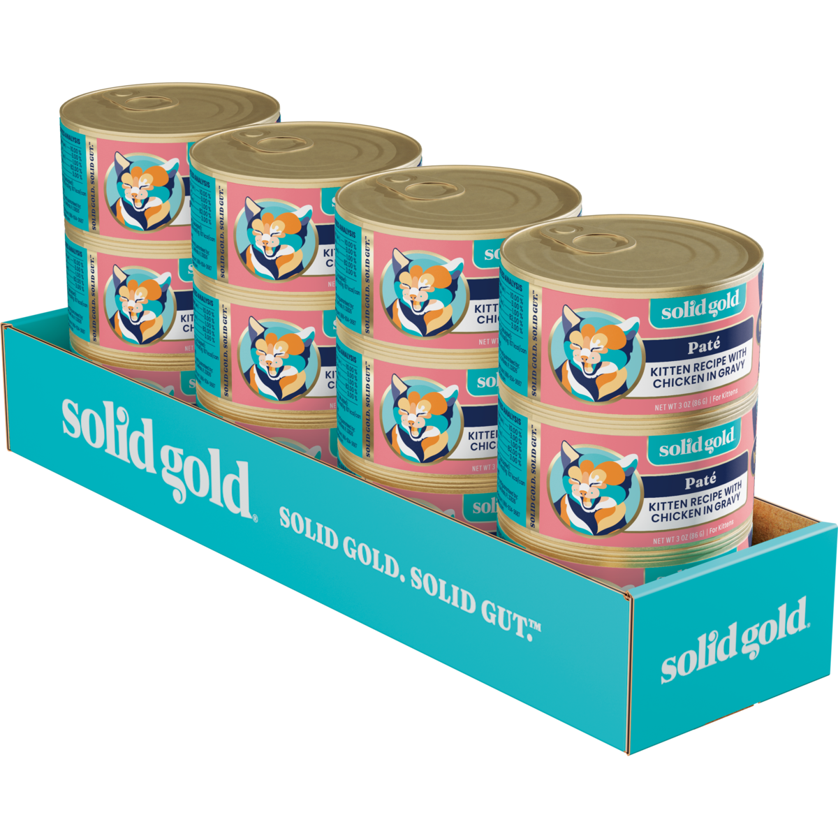 Six cans of chicken paté in gravy for kittens, displayed in a branded cardboard tray.