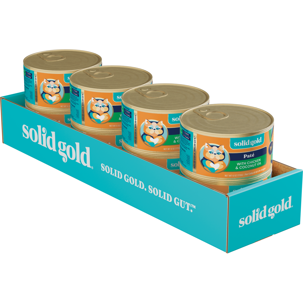 Four cans of chicken and coconut paté for cats in a display box.