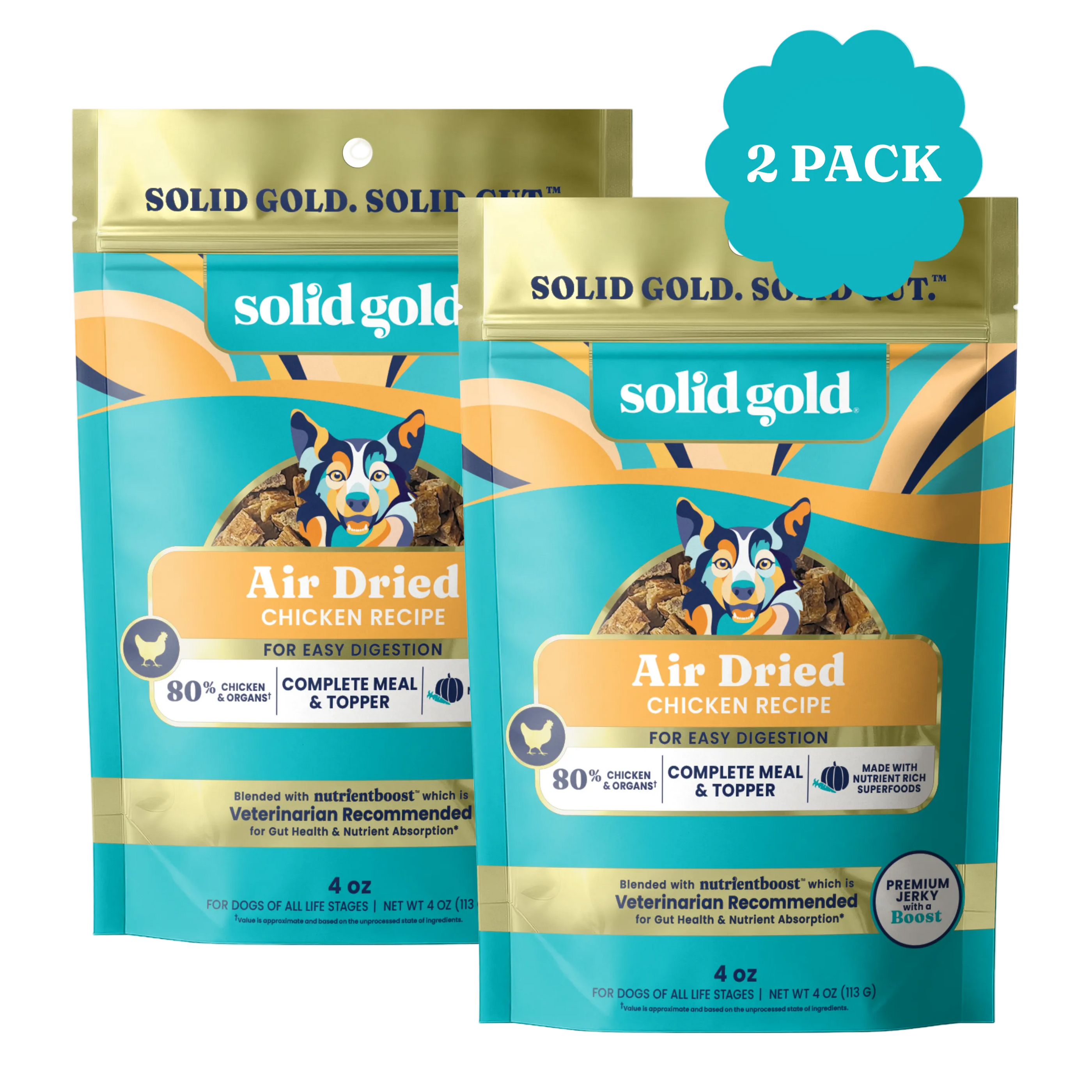 Two bags of Solid Gold Air Dried Chicken Recipe for dogs, each 4 oz, labeled as complete meal and topper.