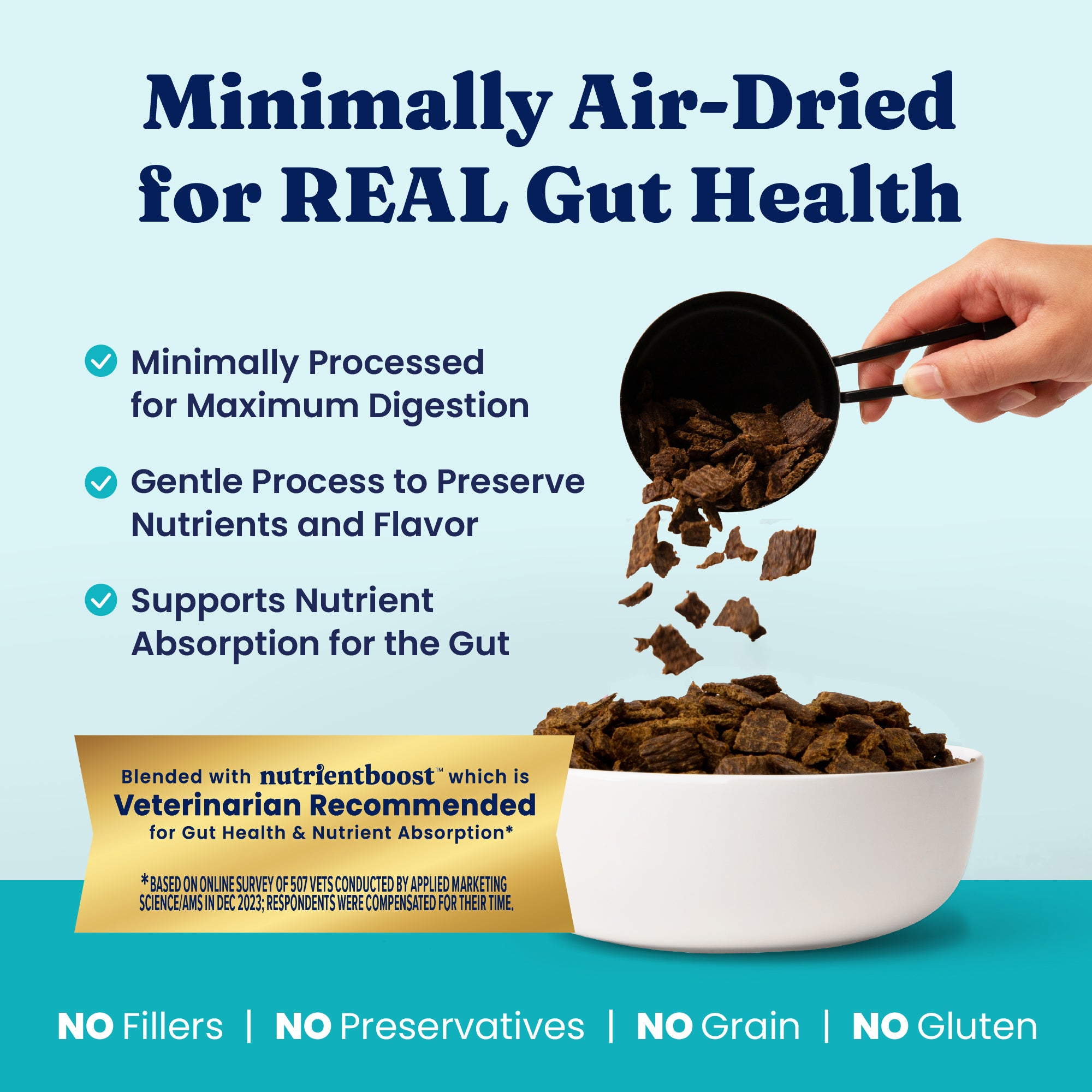 Air-dried dog food topper in a bowl with pieces spilling from a measuring cup, highlighting nutrient preservation.