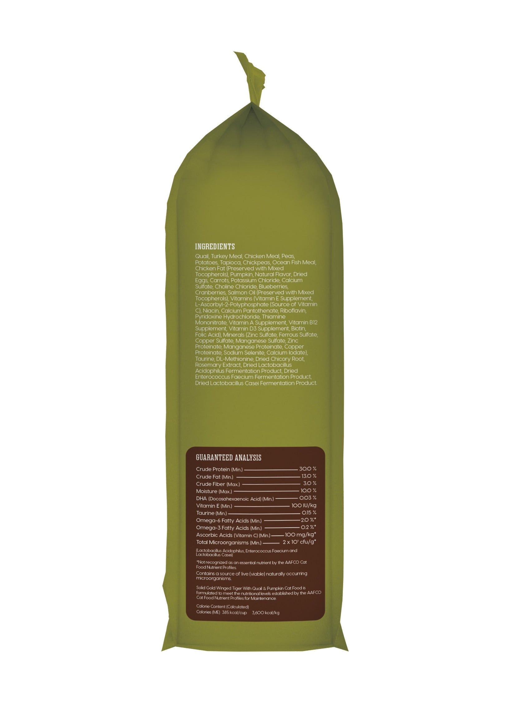 Green bag of dry cat food with ingredient list and guaranteed analysis on the back.
