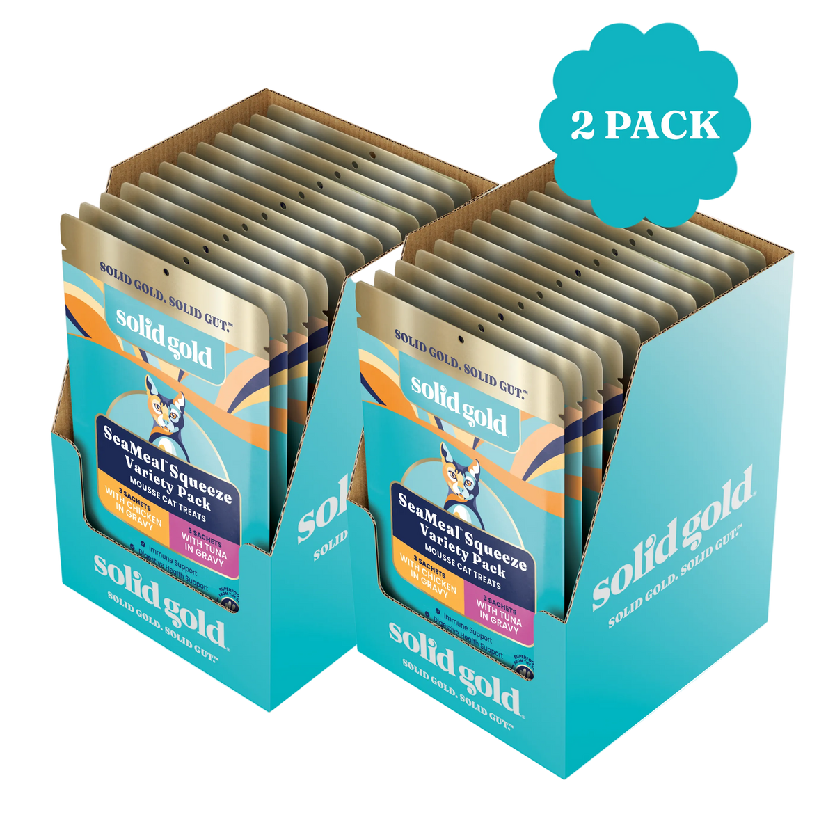 Two-pack of SeaMeal Squeeze Mousse Treats for cats, featuring various flavors in pouches.