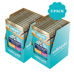Two-pack of SeaMeal Squeeze Mousse Treats for cats, featuring various flavors in pouches.