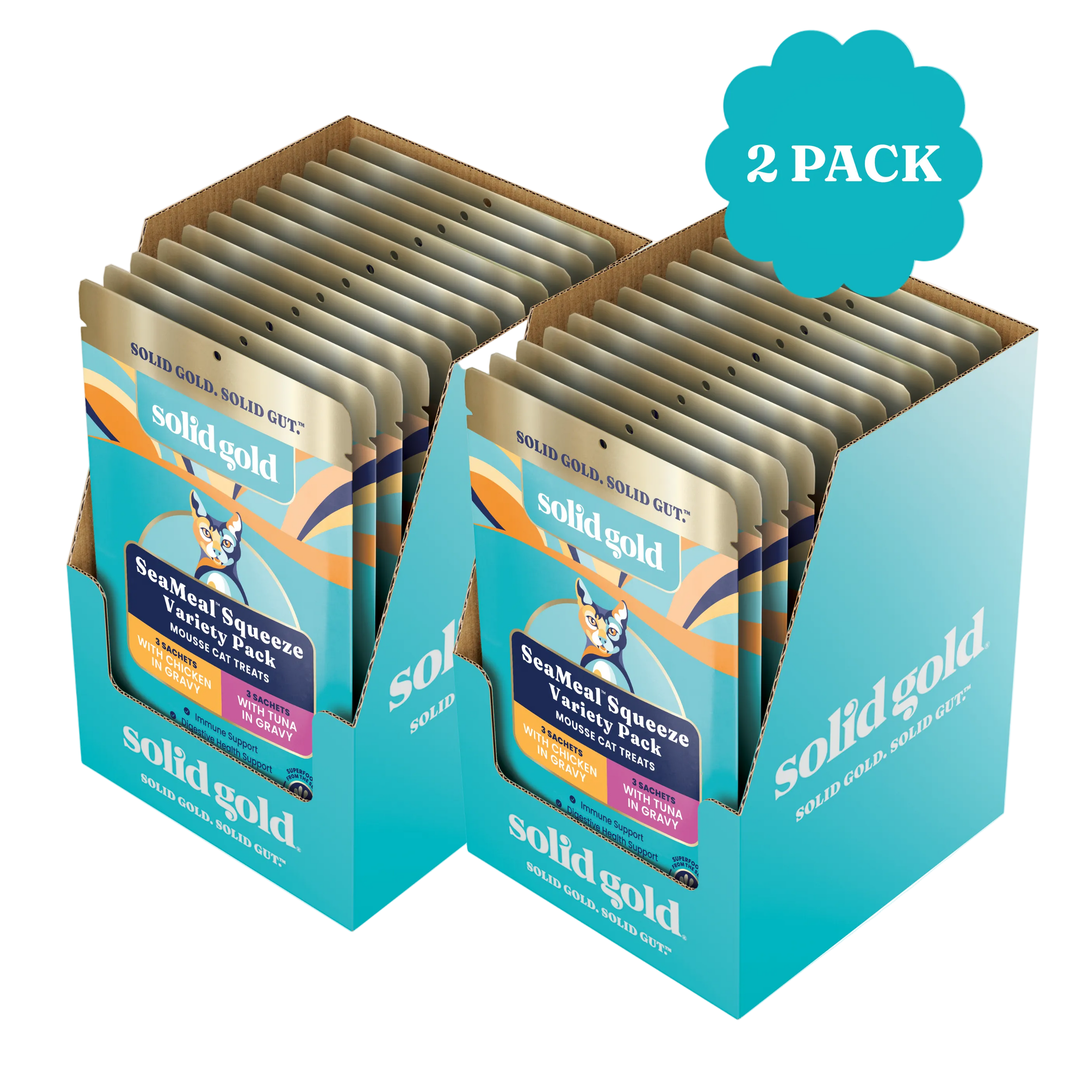 Two-pack of SeaMeal Squeeze Mousse Treats for cats, featuring various flavors in pouches.