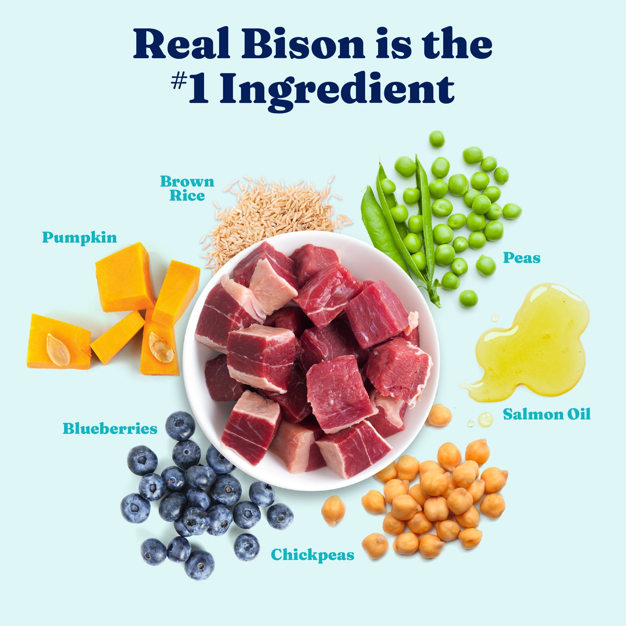 Bowl of raw bison chunks surrounded by pumpkin, brown rice, peas, salmon oil, blueberries, and chickpeas.