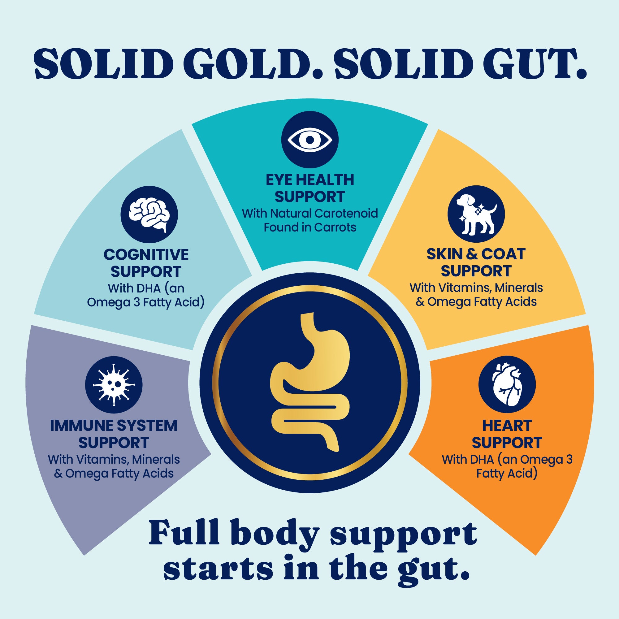 Graphic displaying benefits of Nutrientboost™ for dogs, including support for eye, cognitive, skin, immune, and heart health.