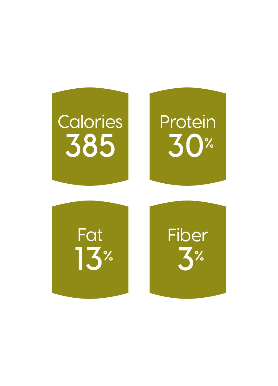 Nutritional information: 385 calories, 30% protein, 13% fat, 3% fiber.