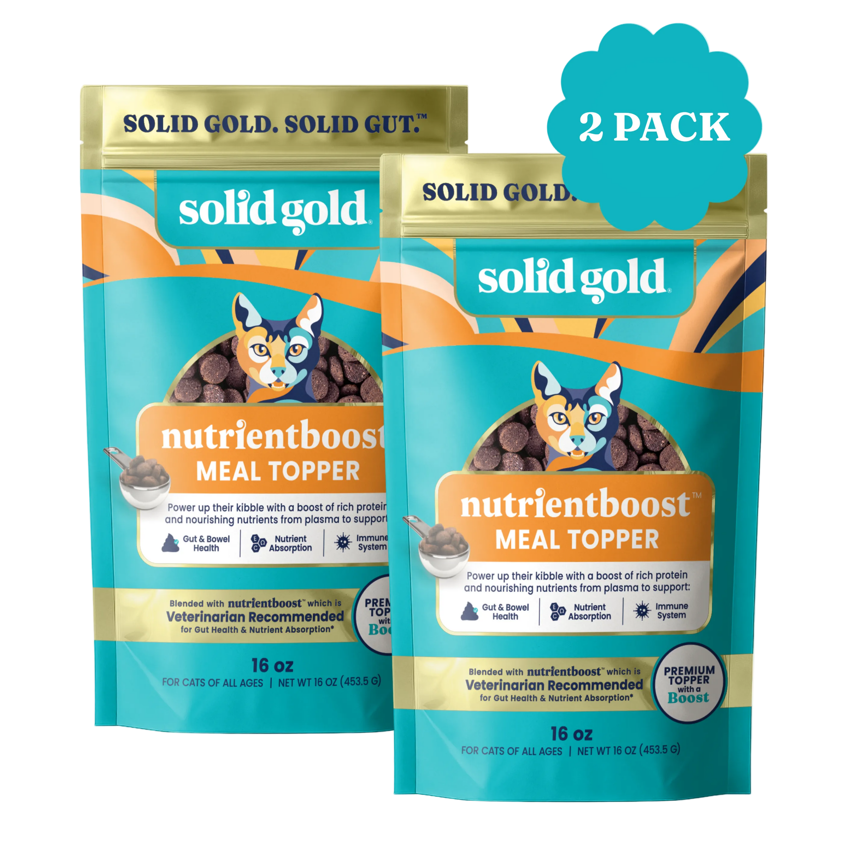 Two 16 oz bags of Nutrientboost™ Meal Topper for cats, featuring a colorful design with a cat illustration.