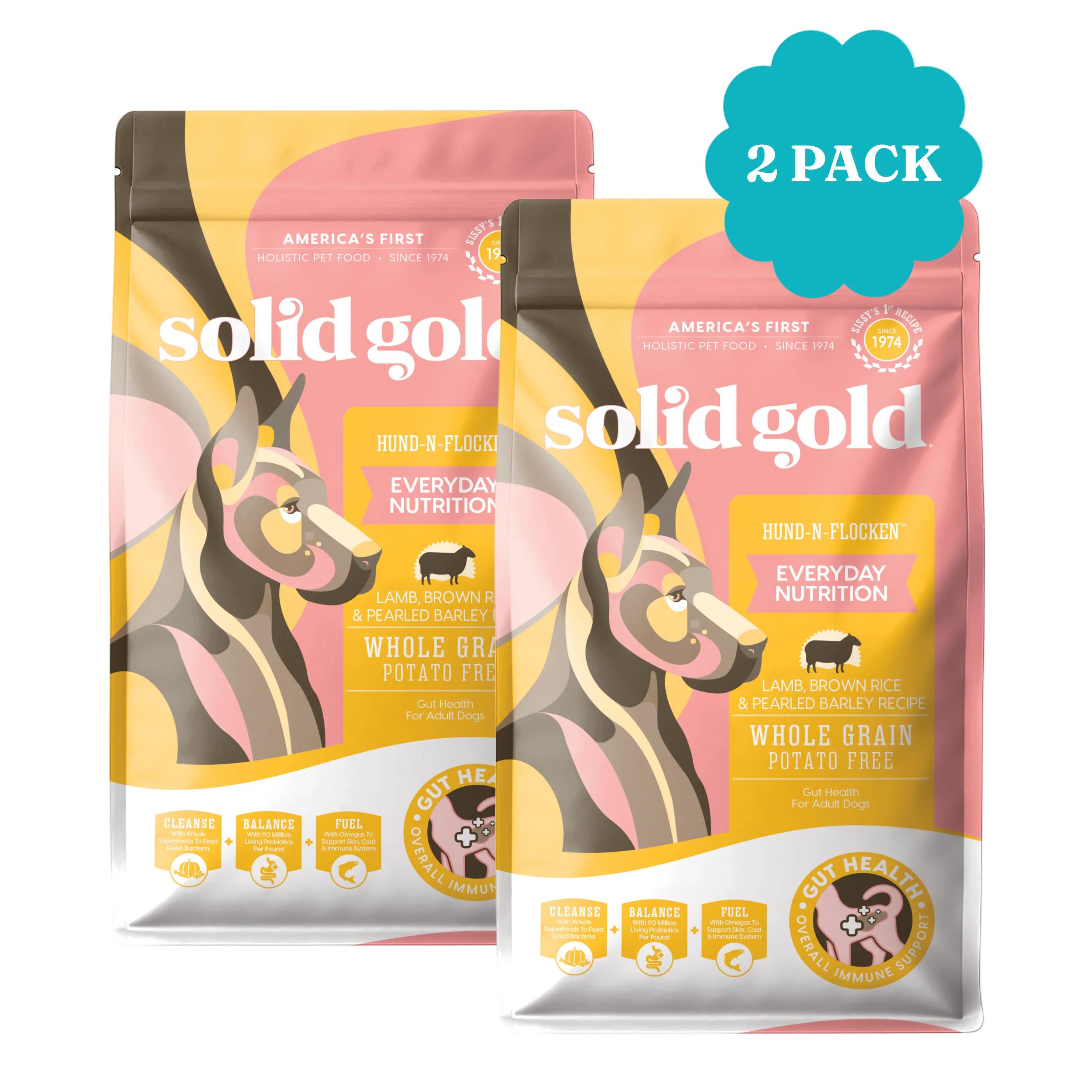 Two bags of Solid Gold Hund-N-Flocken dry dog food featuring a colorful design and nutritional information.