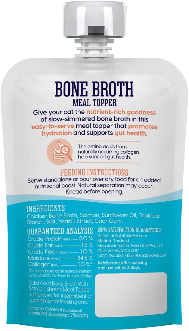 Pouch of bone broth meal topper for cats, featuring ingredients and guaranteed analysis on the label.