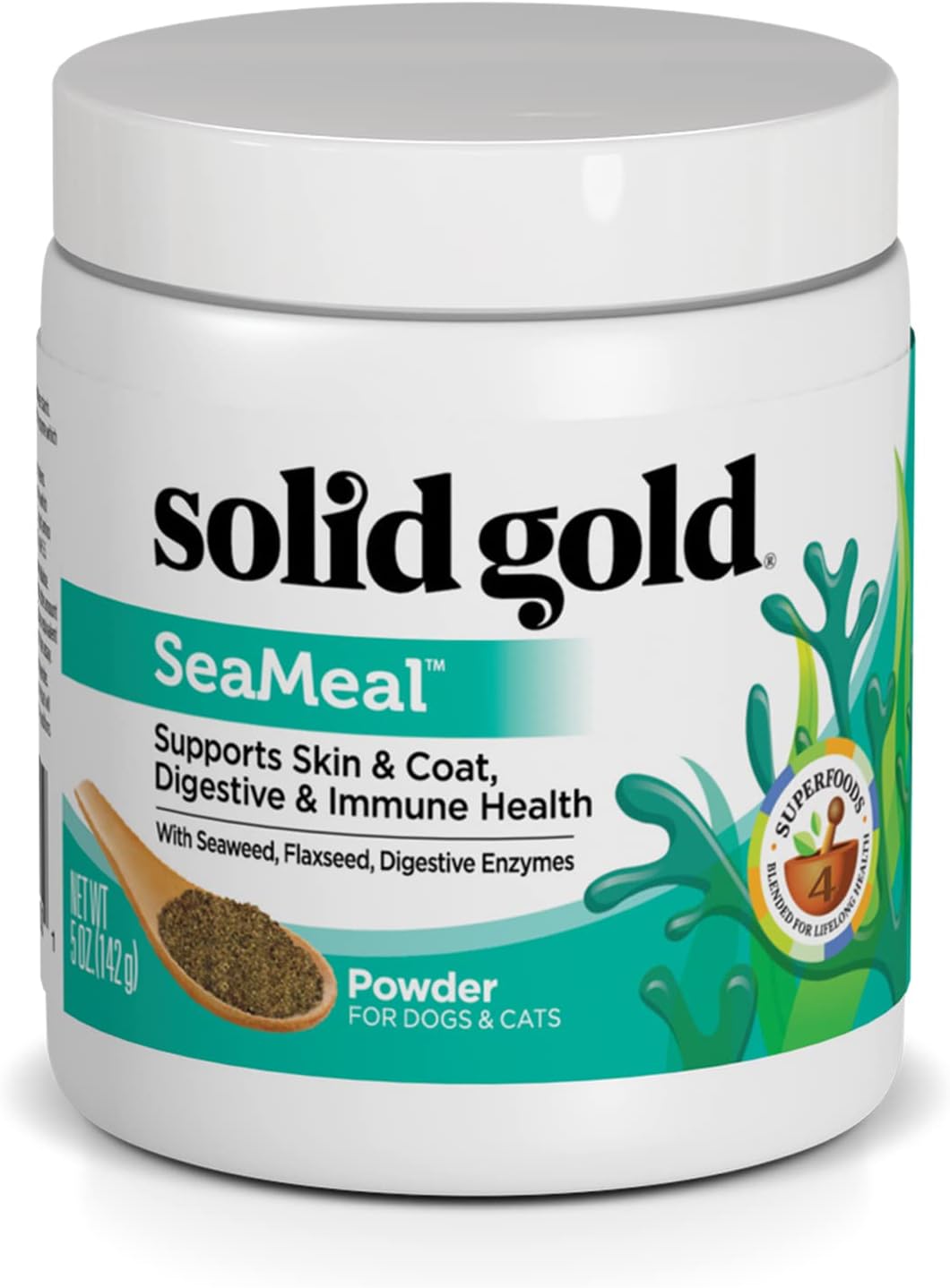 White container of SeaMeal™ powder for dogs and cats, featuring a green label and a spoonful of powder on the front.