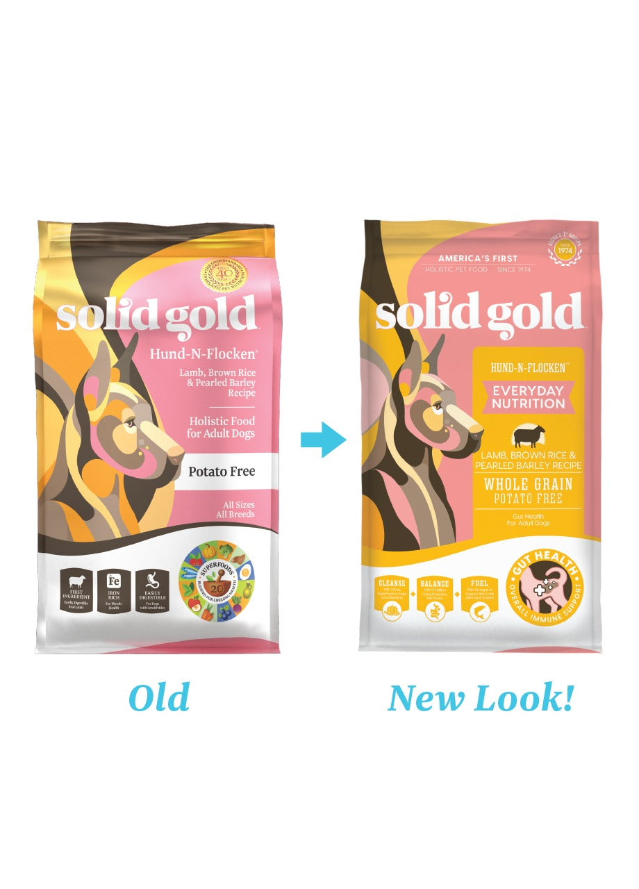 Two bags of dog food side by side, showing the old and new packaging designs for Hund-N-Flocken dry food.