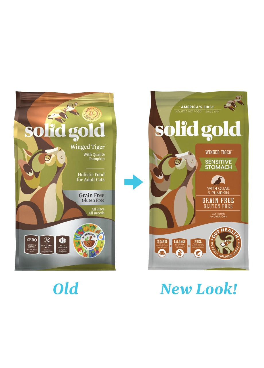 Two bags of dry cat food side by side, showing the old and new packaging designs for Solid Gold Winged Tiger.