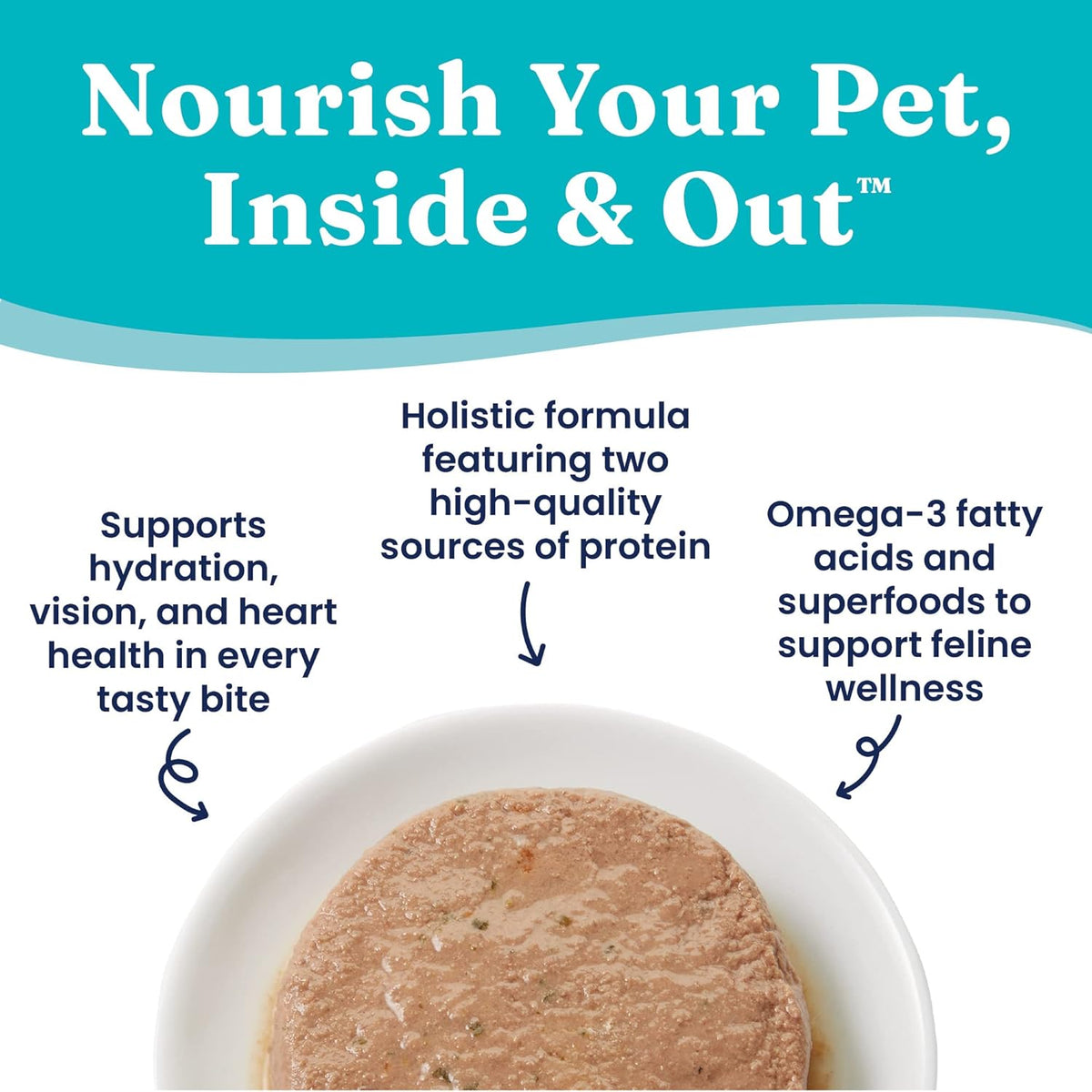 Wet cat food in a bowl with text highlighting its nutritional benefits and holistic formula.