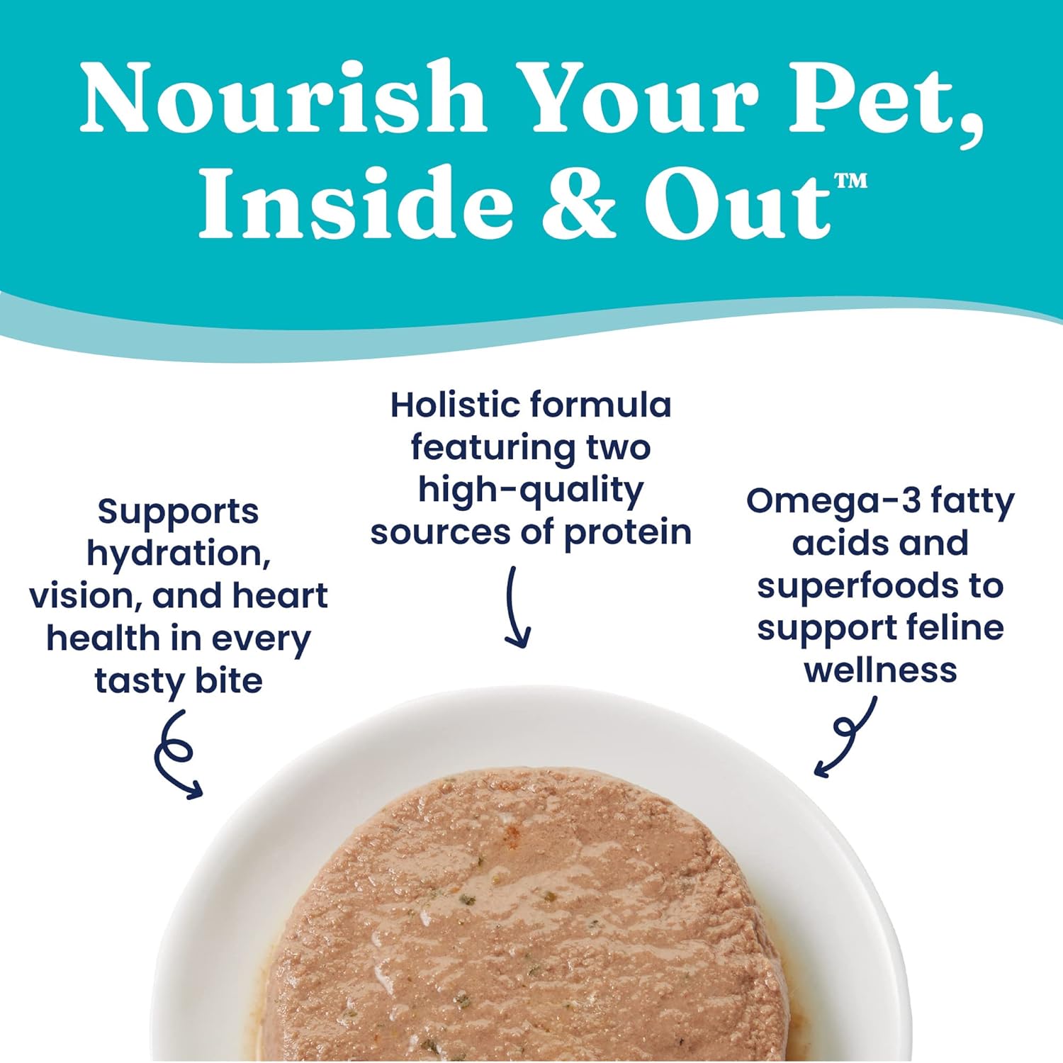 Wet cat food in a bowl with text highlighting its nutritional benefits and holistic formula.