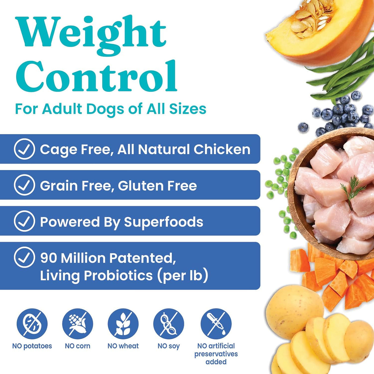 Weight control information for adult dogs, featuring ingredients like chicken, vegetables, and probiotics.