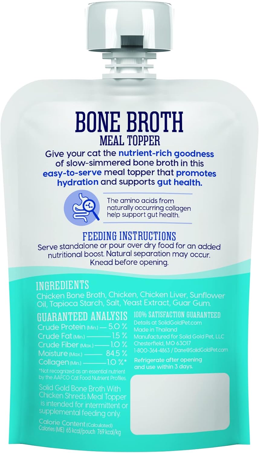 Pouch of chicken bone broth meal topper for cats with feeding instructions and ingredient list on the back.