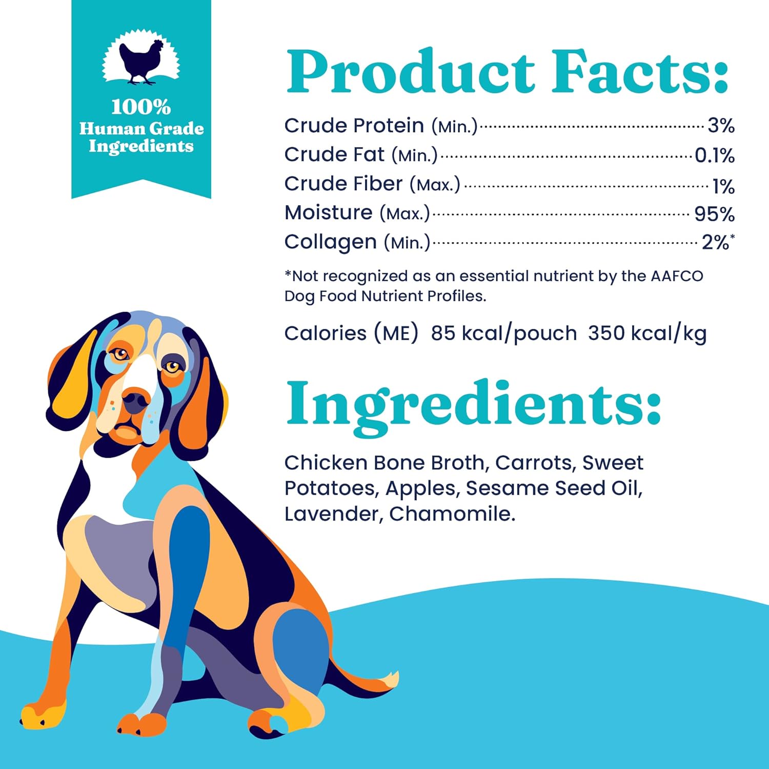 Colorful illustration of a dog with product facts and ingredients for chicken bone broth topper for dogs.