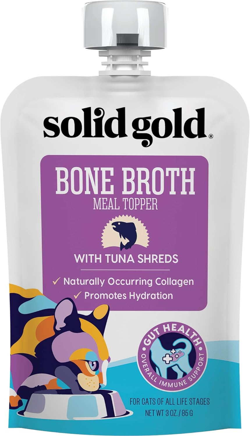 Pouch of bone broth meal topper for cats, featuring tuna shreds and a colorful cat graphic on the front.