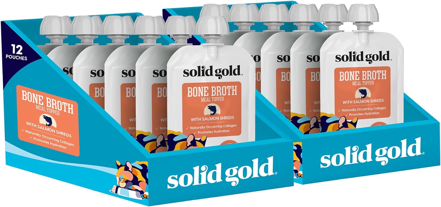 Twelve pouches of chicken bone broth meal topper for cats with salmon shreds in a display box.