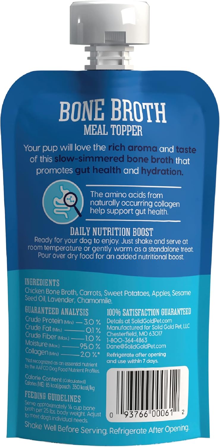 Pouch of chicken bone broth meal topper with ingredients and feeding guidelines printed on the back.
