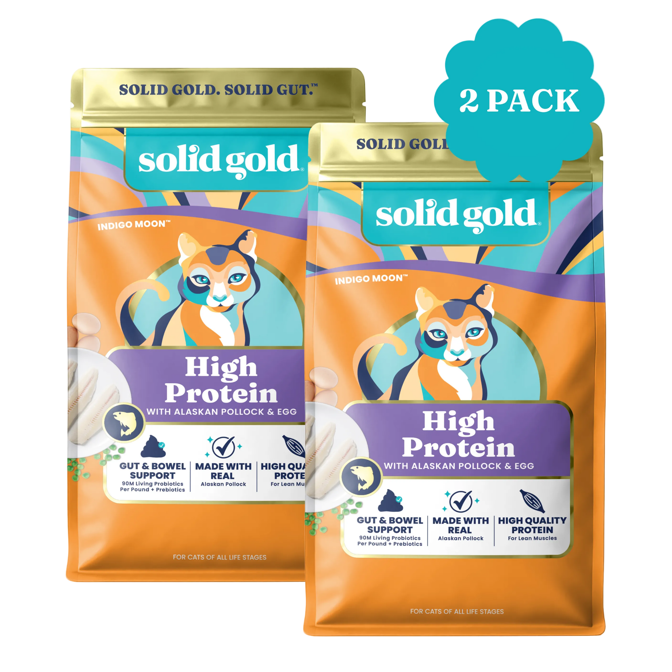 Two bags of Solid Gold Indigo Moon Alaskan Pollock dry cat food, featuring high protein and gut support benefits.