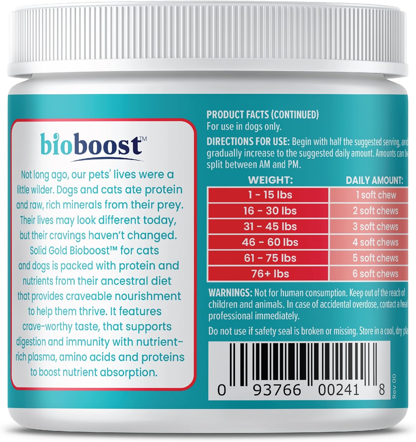 Container of digestive health chews for dogs, with dosage instructions and product information on the label.