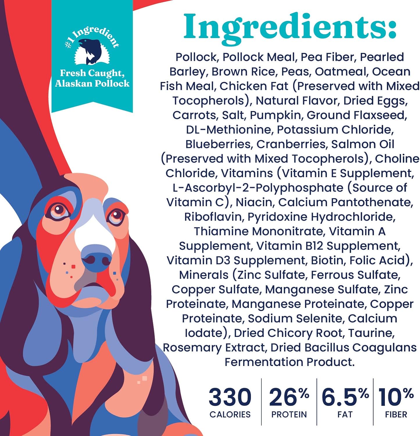 Ingredients list for Fit and Fabulous™ Alaskan Pollock dry dog food, including nutritional information and calorie content.