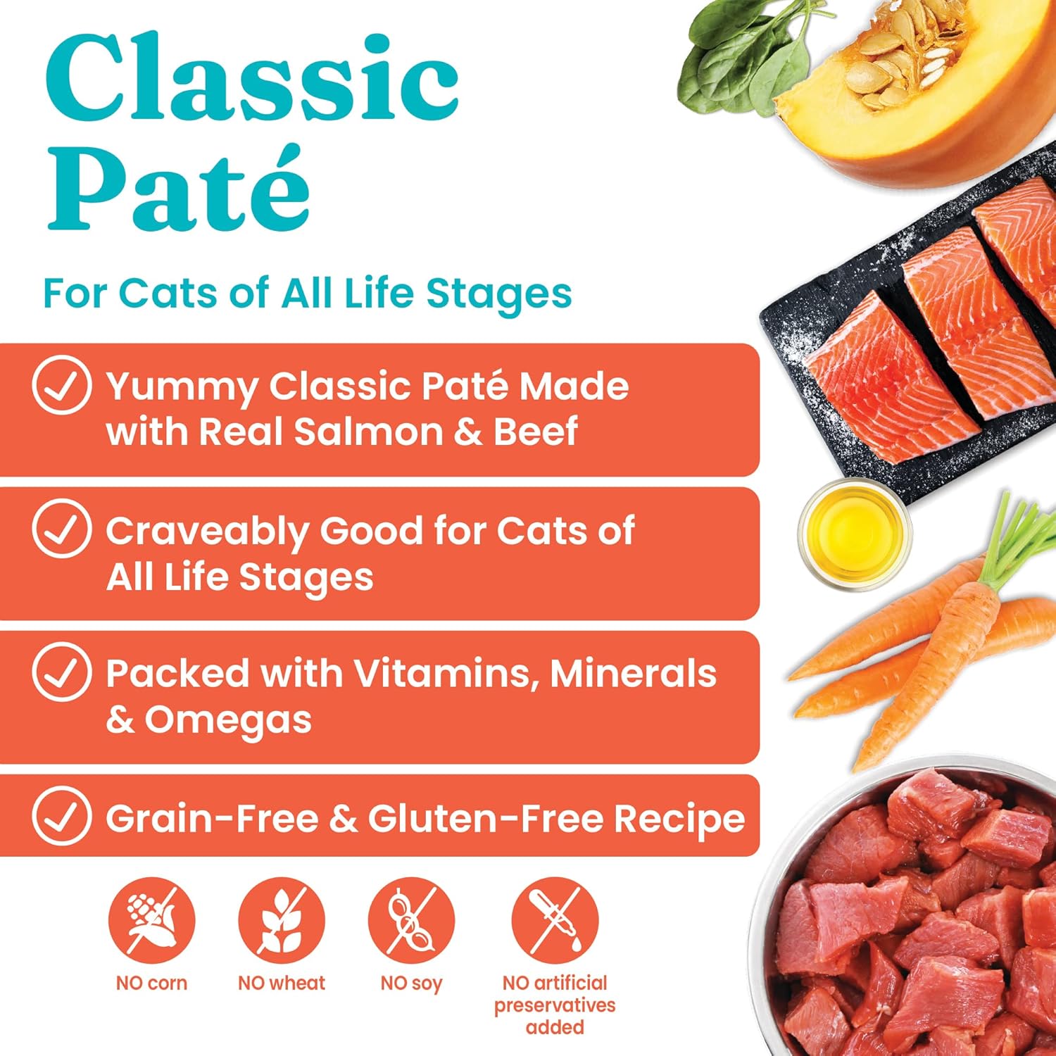 Classic paté for cats featuring salmon, beef, carrots, and other ingredients, with no grains or artificial preservatives.