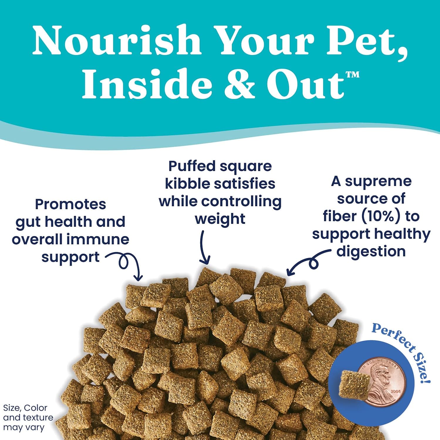 Dry dog food kibble in puffed square shape, promoting gut health and fiber for digestion.