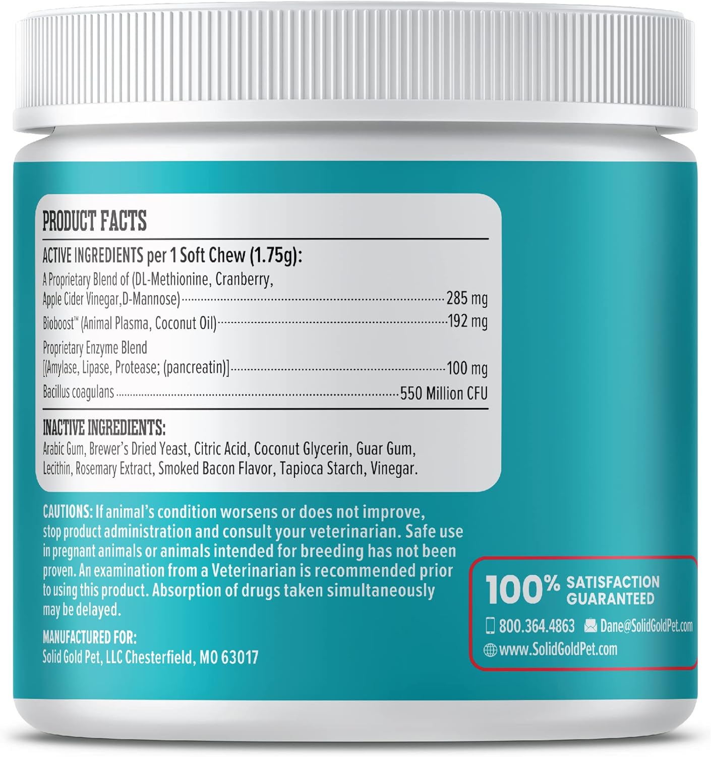 Container label displaying product facts, active and inactive ingredients for Grass Guardian Digestive Health Chews for dogs.