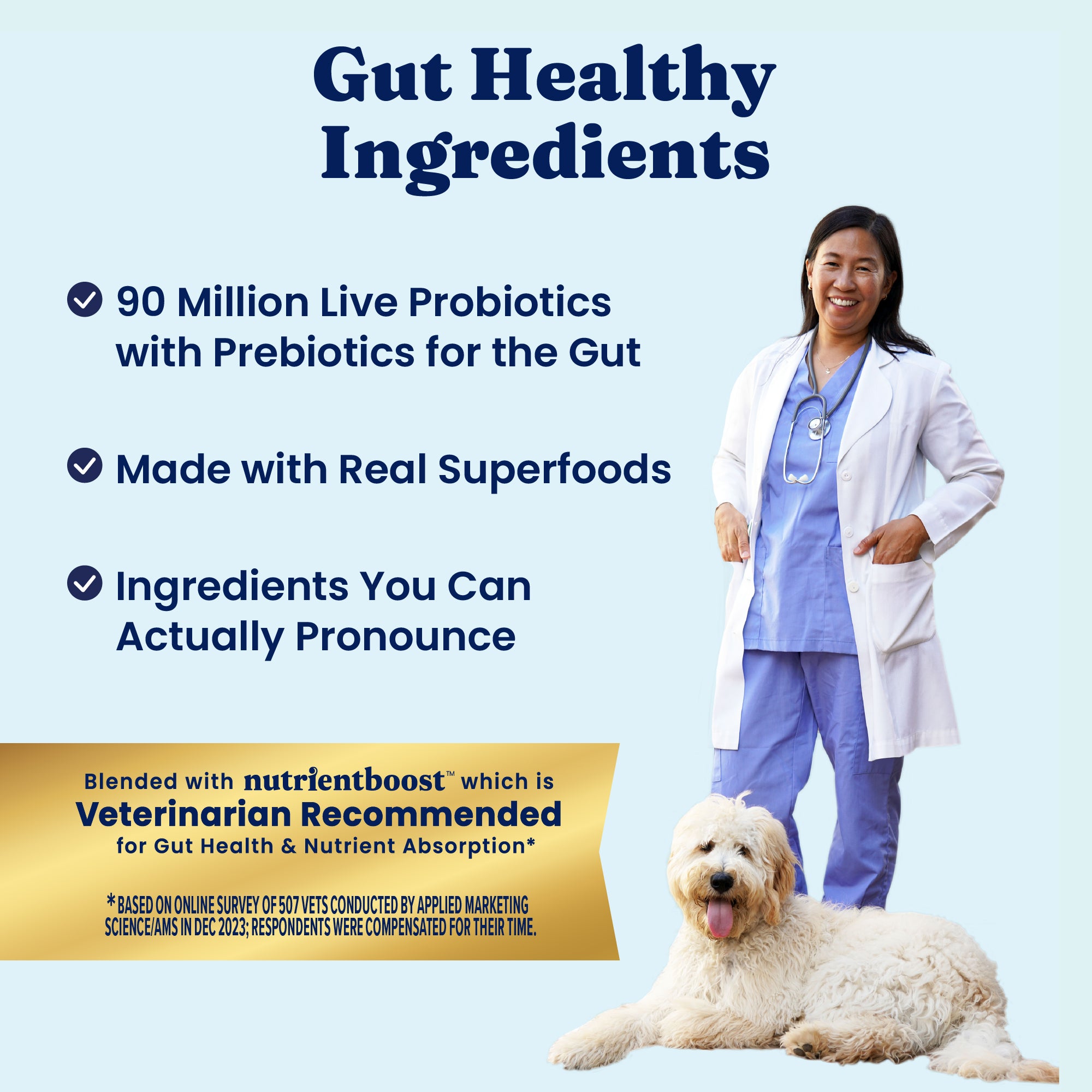 Graphic highlighting gut health benefits of a dog food product, featuring a veterinarian and a dog.