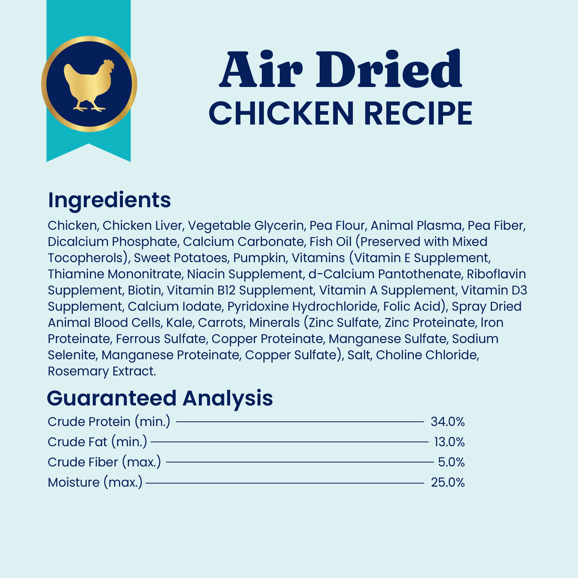 Air dried chicken recipe for dogs, listing ingredients and guaranteed analysis for protein, fat, fiber, and moisture.